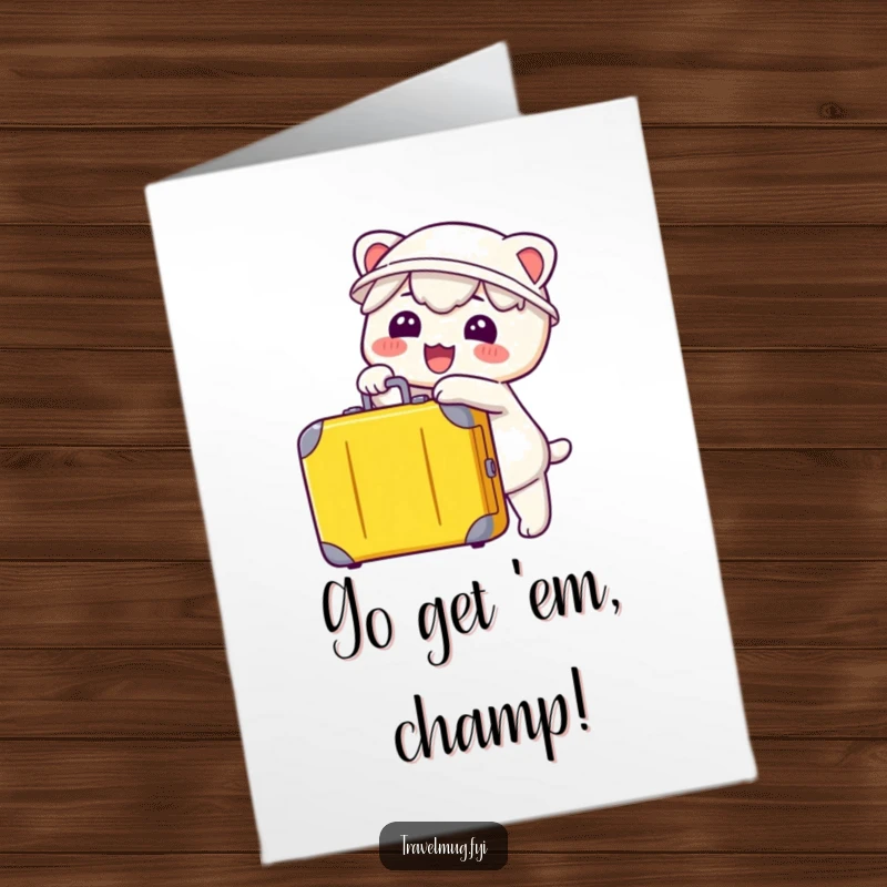 Funny Free Printable Congrats Card: Kawaii character pointing excitedly at a suitcase, celebrating a departure or journey.