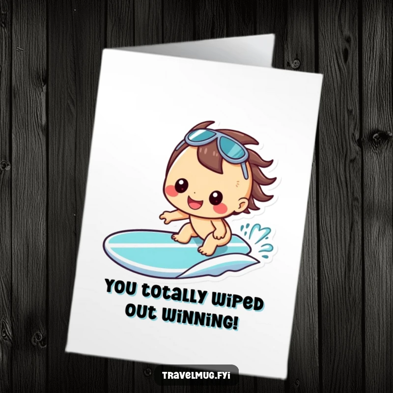 Funny Free Printable Congrats Card: Kawaii character with a cheerful grin on a surfboard, celebrating success and good times.