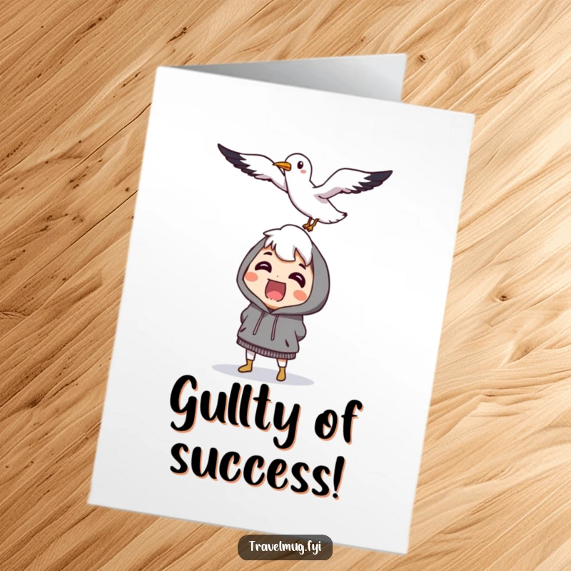 Funny free printable congratulations card with a character surprised by a flying, smiling seagull, a humorous way to celebrate.