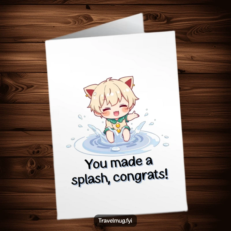 Free Printable Congratulations Card featuring a character splashing in a puddle, a humorous downloadable gift.