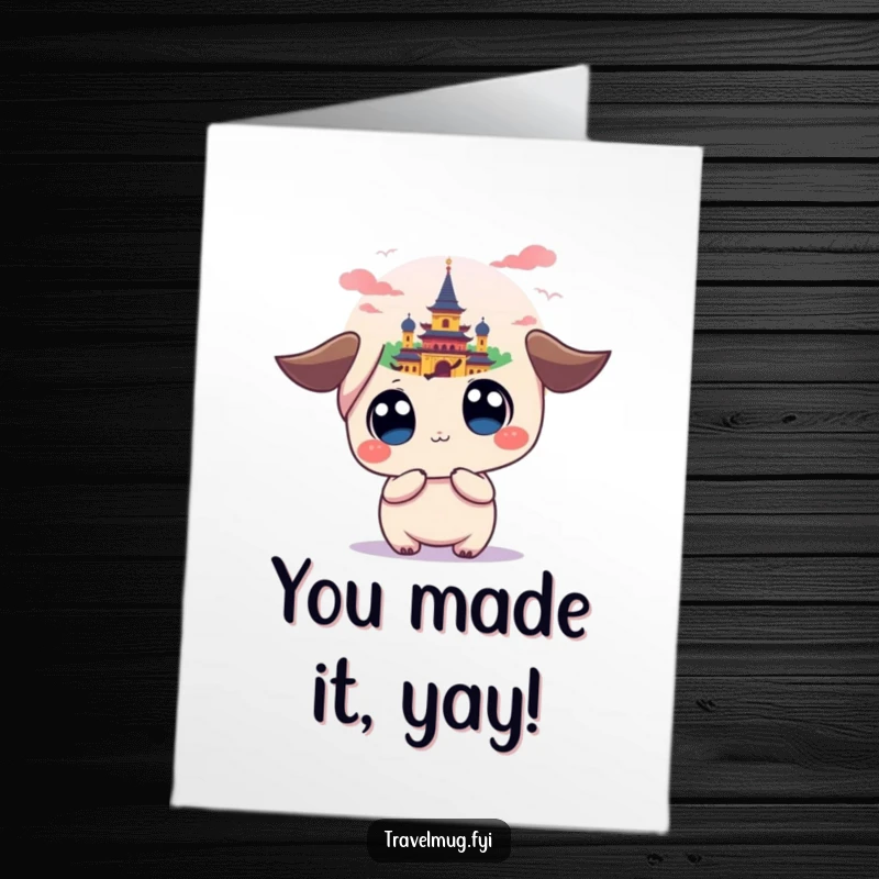 Funny Free Printable Congrats Card: Kawaii character celebrates reaching a colorful, distant landmark, signifying achievement.