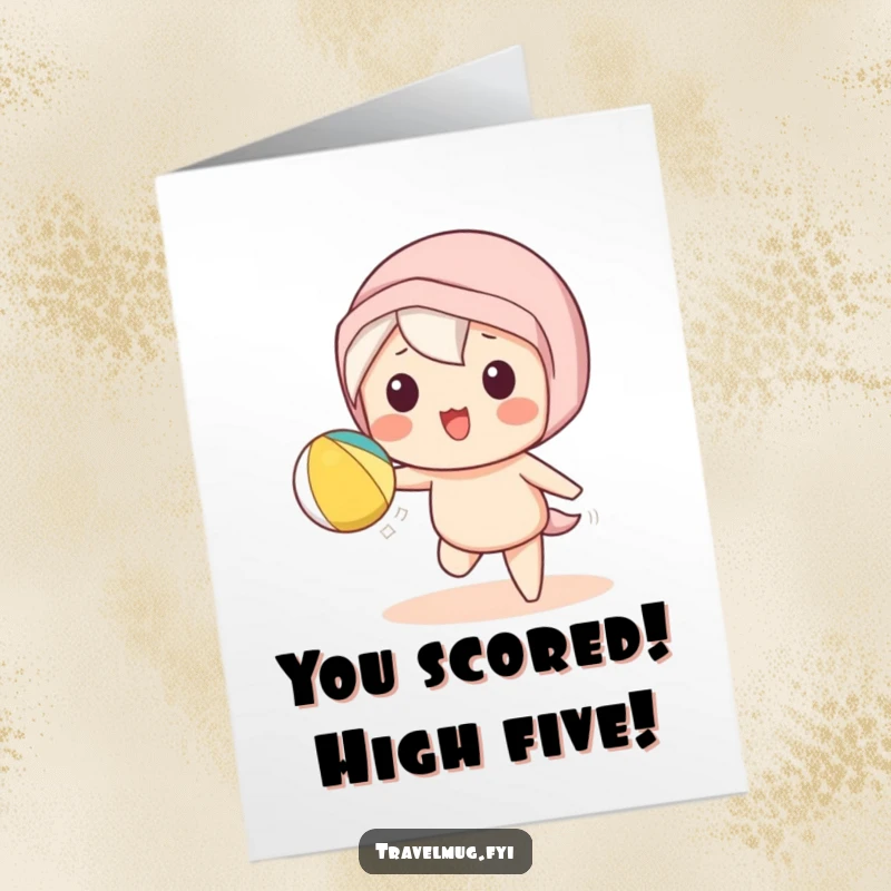 Funny free printable congratulations card: A cheerful Kawaii character joyfully playing and tossing a beach ball.