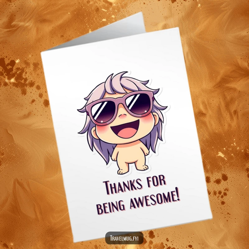 Funny Free Printable Thank You Card: Character wears oversized sunglasses and a wide grin, offering thanks.