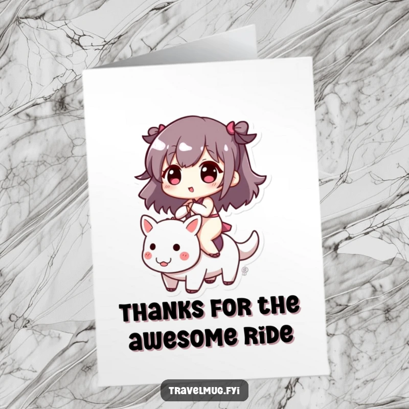 Funny Free Printable Thank You Card: Cute character expresses thanks while riding a small creature, heartfelt laughter.
