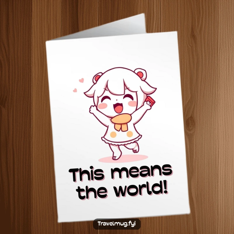 Funny free printable thank you card: A happy Kawaii character doing a little dance, excited about a souvenir.