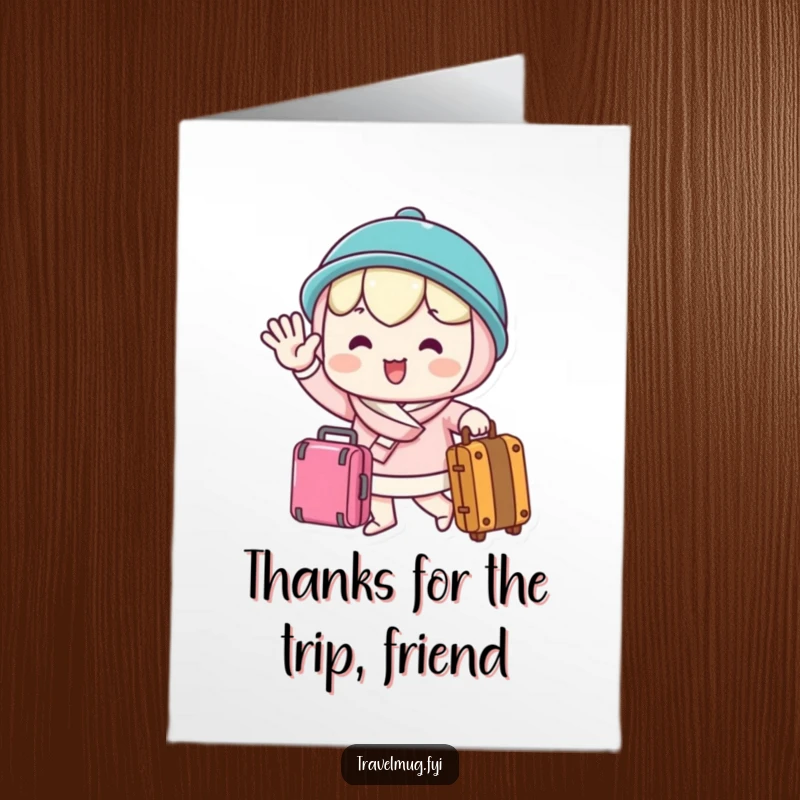 Funny Free Printable Thank You Card: Sweet kawaii character joyfully waving farewell, standing with a suitcase.