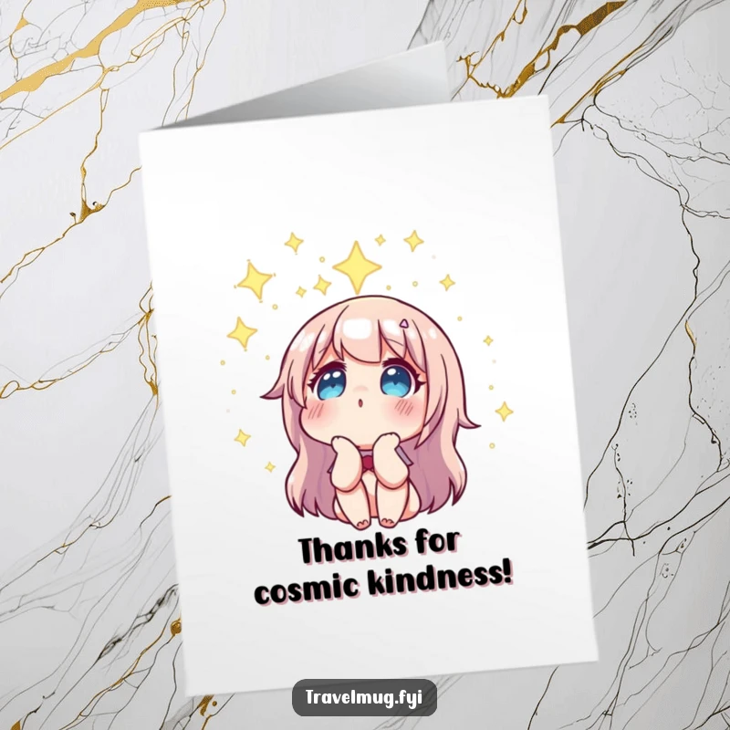 Funny Free Printable Thank You Card of a character looking up in wonder at a beautiful night sky constellation. Expressing gratitude with celestial charm.