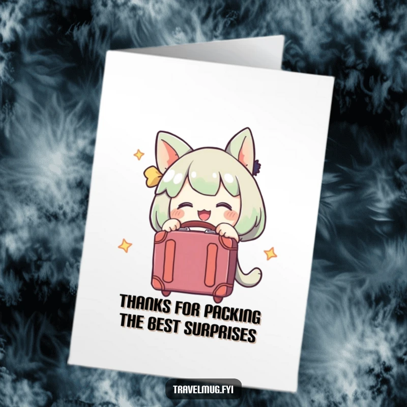Funny Free Printable Thank You Card: Character excitedly hugs a suitcase, expressing thanks for a trip.