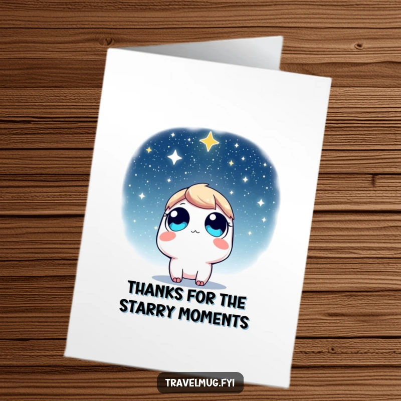Funny Free Printable Thank You Card: Character with wide eyes looking up at a star-filled sky, full of awe.