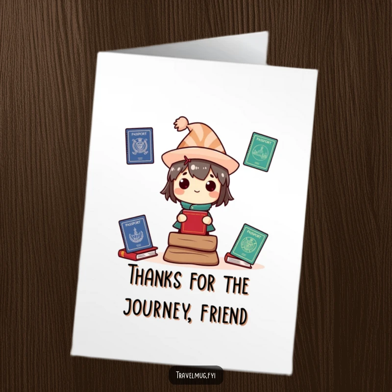 Funny Free Printable Thank You Card with a character wearing a silly hat and passports, a DIY downloadable gift.