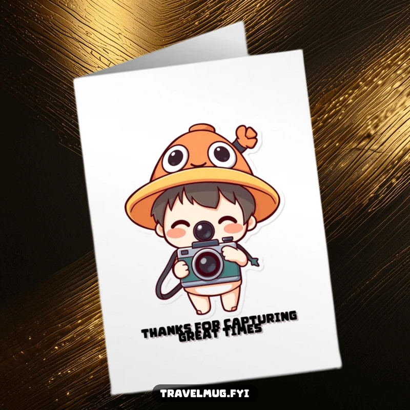 Funny Free Printable Thank You Card: Character in a funny hat holds a camera, capturing heartfelt thanks.