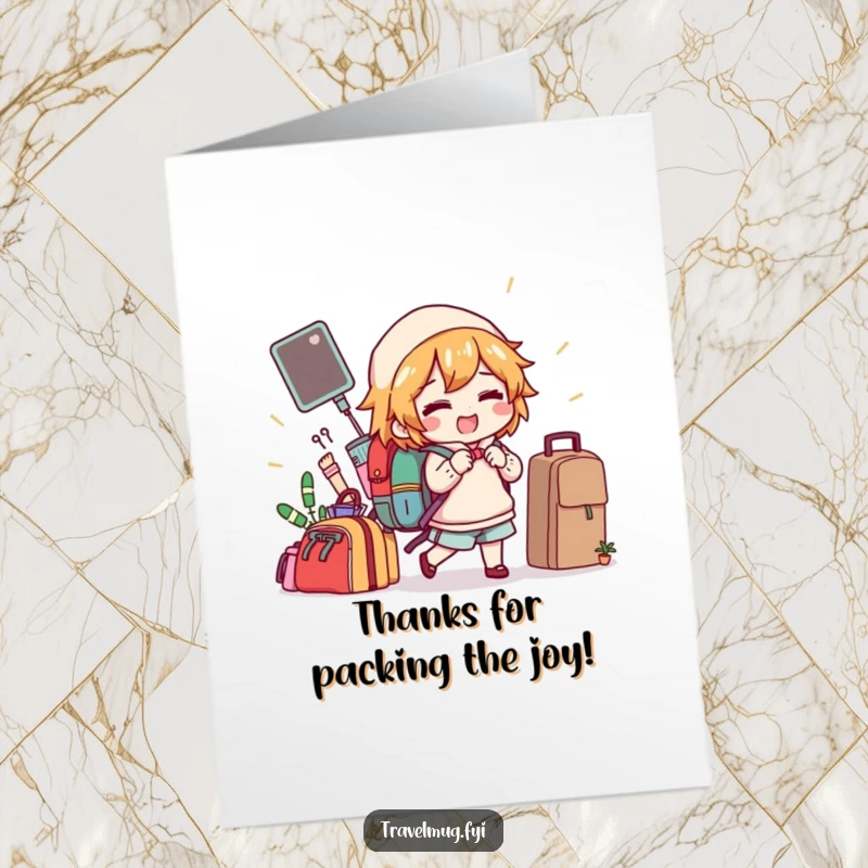 Funny Free Printable Thank You Card: Character gleefully packs a backpack with funny items, expressing thanks for a journey.