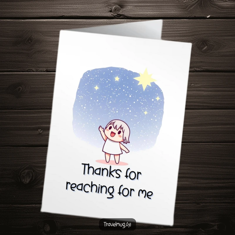 Funny Free Printable Thank You Card with a character pointing to a distant starry sky, a DIY downloadable gift.