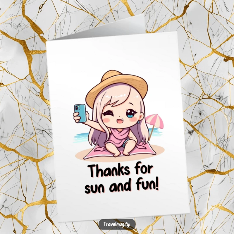 Funny Free Printable Thank You Card: Kawaii character on a beach taking a humorous selfie.