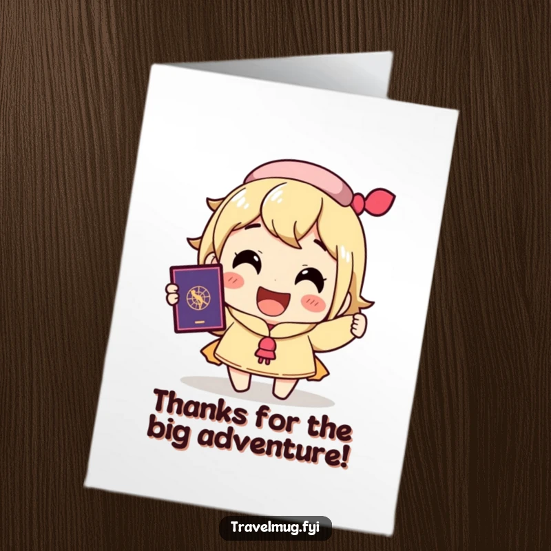Funny Free Printable Thank You Card: Character smiles wide holding a passport, thankful for a wonderful trip.