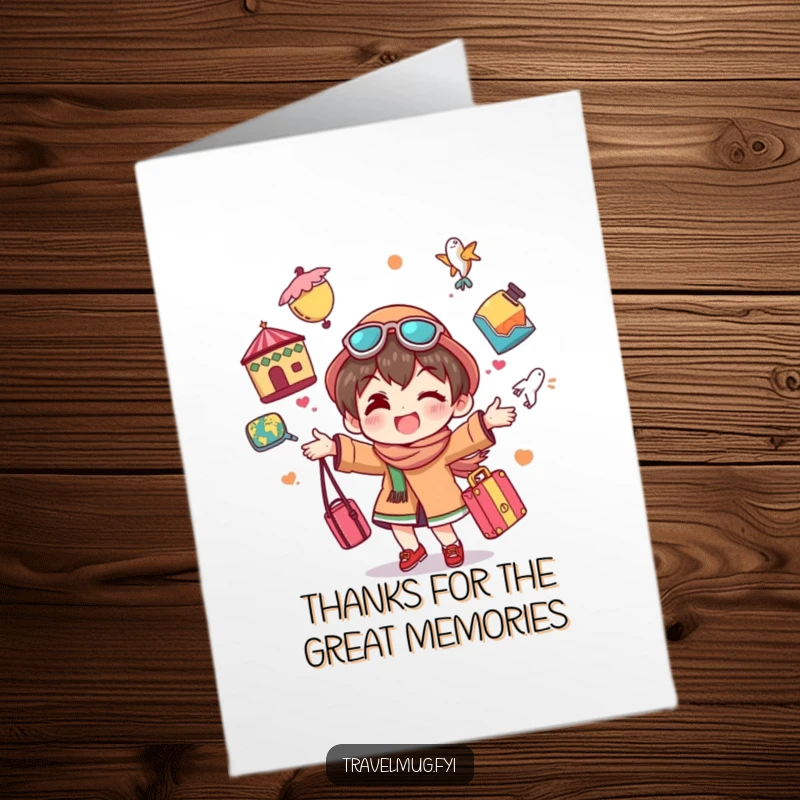 Funny Free Printable Thank You Card: Character juggling colorful travel souvenirs, conveying cheerful, humorous gratitude.