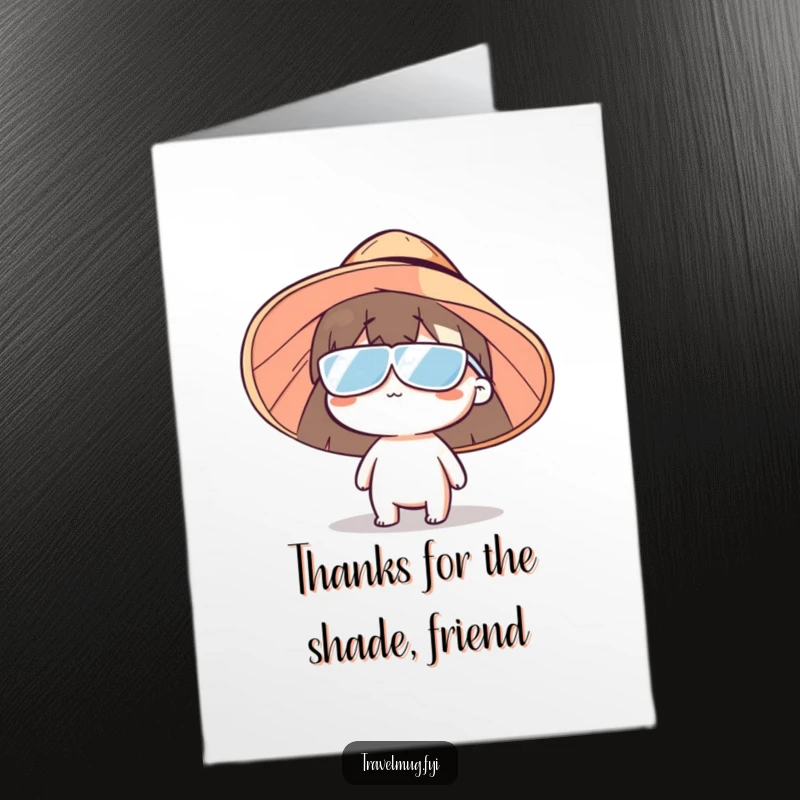 Funny free printable thank you card of a character in a massive sun hat, offering thanks with a comical squint.