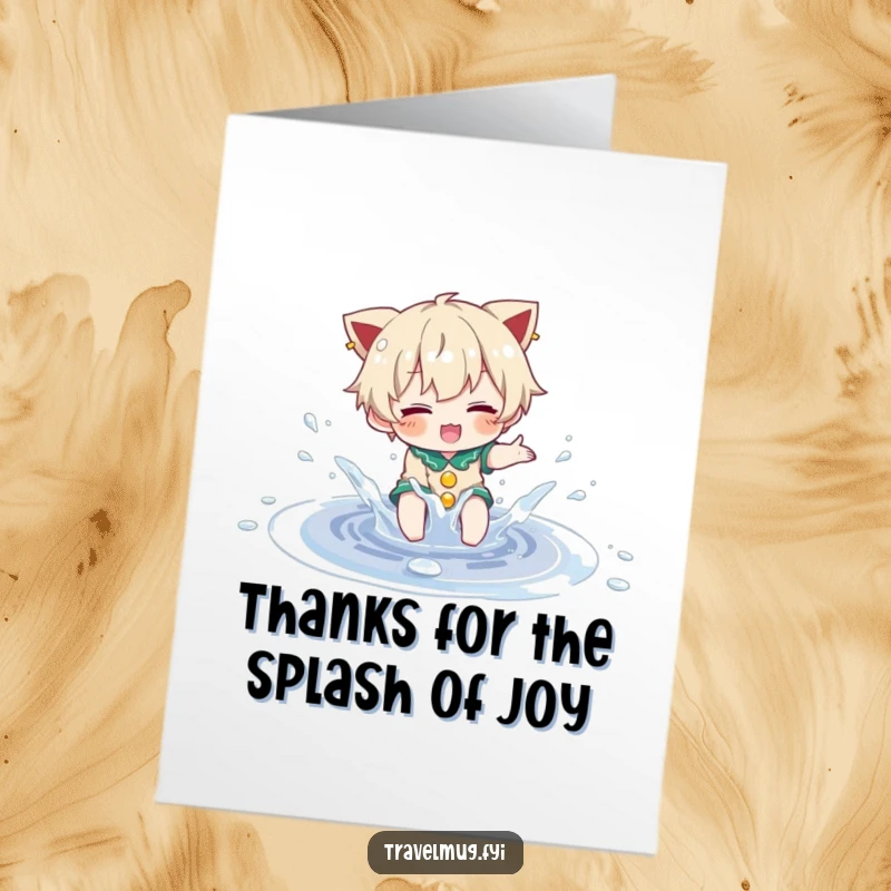 Funny Free Printable Thank You Card with a character splashing in a sparkling puddle, a DIY downloadable gift.