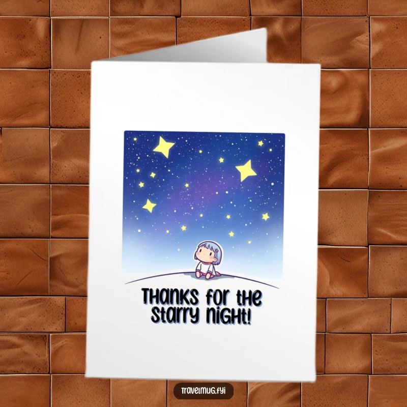 Funny Free Printable Thank You Card: Character looking at the night sky with stars, expressing gratitude.
