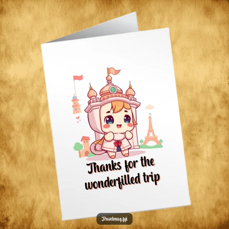 Funny Free Printable Thank You Card: Cute character looks up in wonder at a landmark, conveying deep thanks.