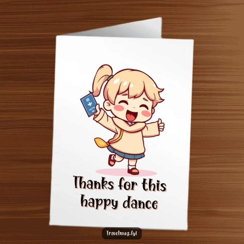 Funny free printable thank you card depicting a character doing a happy dance with a passport, expressing thanks for a journey or opportunity.