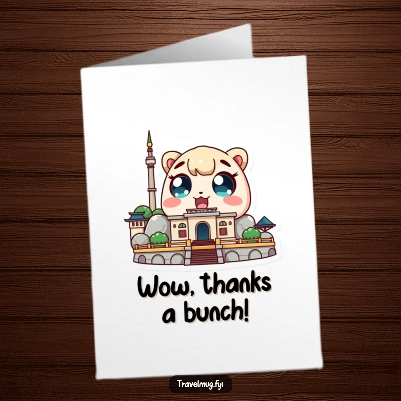Funny free printable thank you card: A Kawaii character with wide, surprised eyes gazing at a breathtaking landmark.