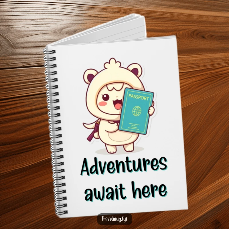 Funny Kawaii Notebook, a cute character holding a passport, ideal for travel planning and journaling.