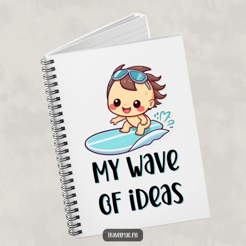 Funny Kawaii Notebook, a cheerful character grinning on a surfboard, ideal for note-taking and beach planning.
