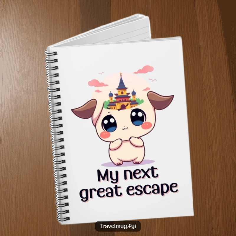 Funny notebook with a kawaii character's wide eyes focused on a colorful, distant landmark, perfect for travel notes and funny gift ideas.