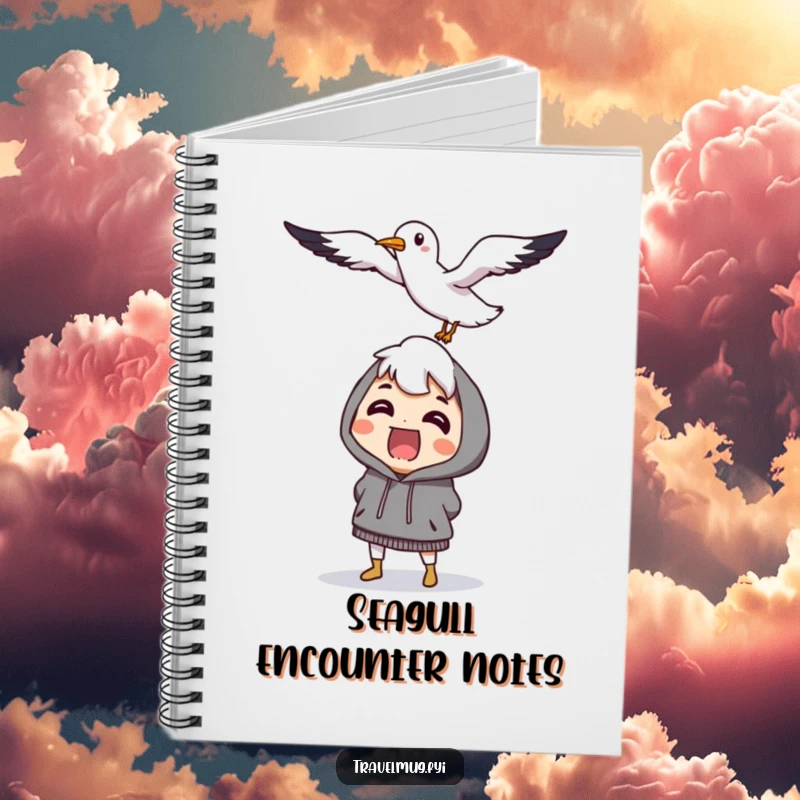 Funny character comically surprised by a flying, smiling seagull, a cute and humorous notebook for writers.