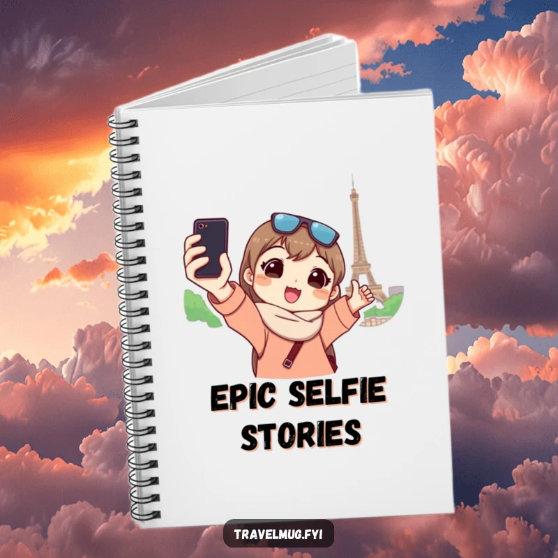 Funny notebook features a character taking a selfie at a landmark, encouraging humorous travel journaling and note-taking.