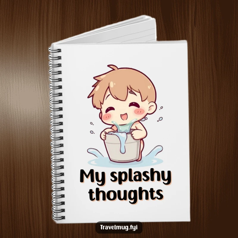 Funny notebook with a character playfully splashing water from a tiny bucket, perfect for notes and as a funny gift.