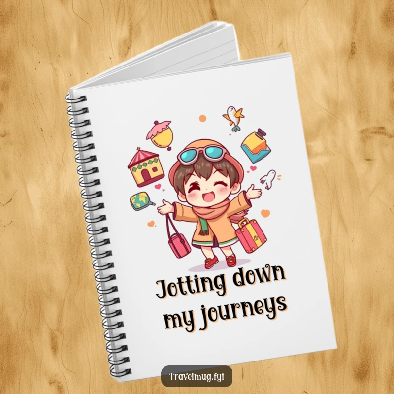 Funny notebook cover with a character cheerfully juggling colorful travel souvenirs, promoting creative and humorous travel planning.
