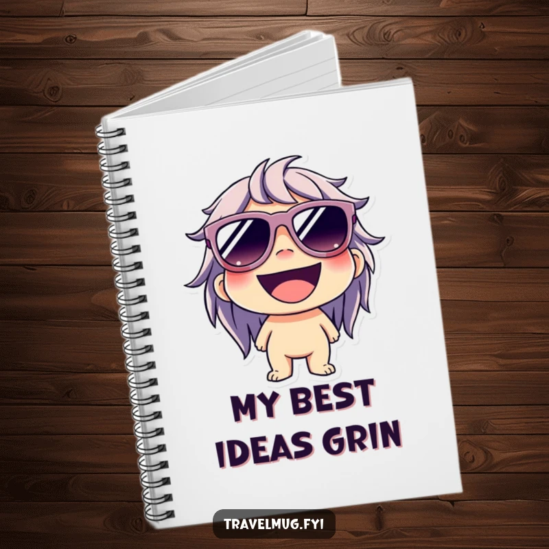 Funny notebook featuring a character wearing oversized sunglasses and a wide grin, perfect for jotting down cool and happy ideas.