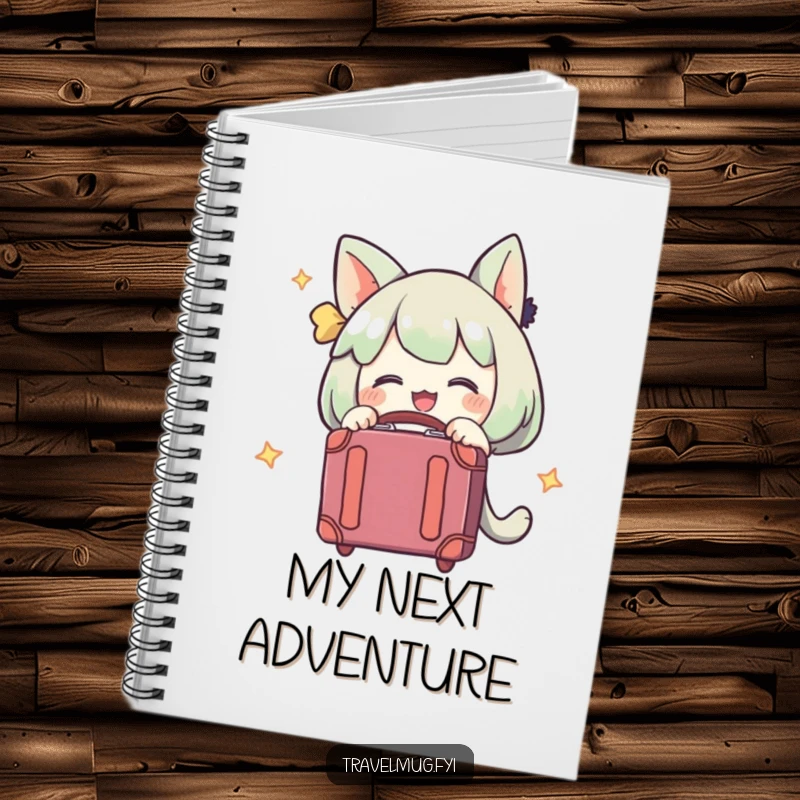 Funny notebook with a character hugging a suitcase, perfect for jotting down travel plans and excited thoughts.