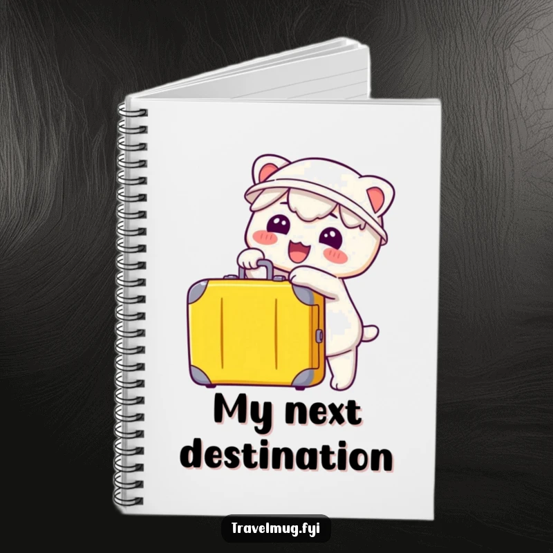 Funny Kawaii Notebook, a cute character pointing at a suitcase, ideal for planning trips and jotting notes.