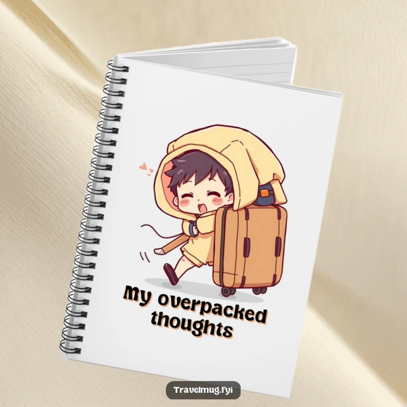 Funny notebook features a character comically struggling with an overflowing suitcase, ideal for planning and note-taking.