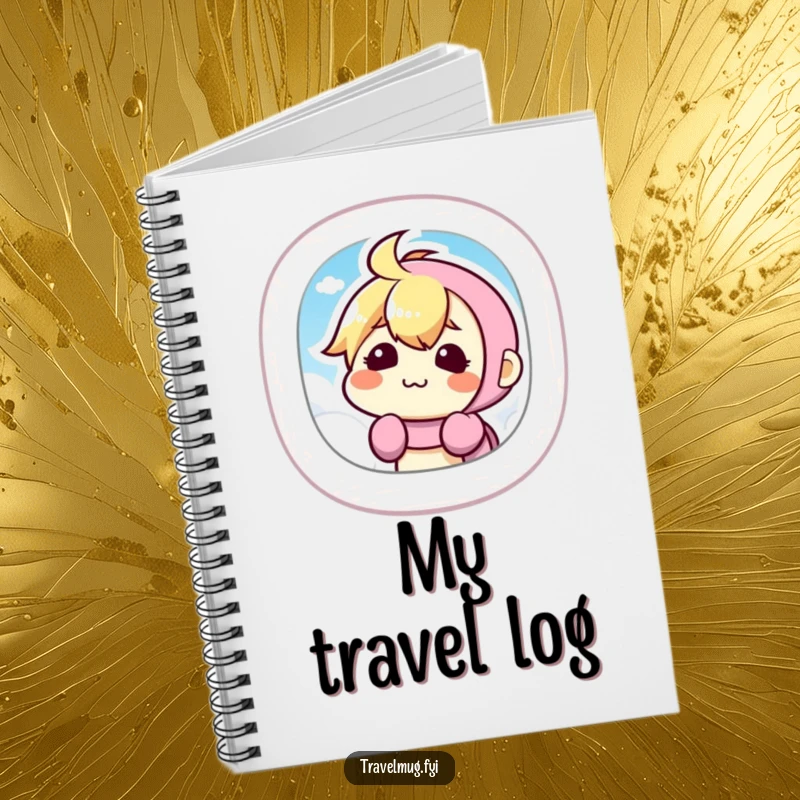 Funny Notebook with a kawaii character making a silly face from an airplane window, perfect for notes and travel lovers.