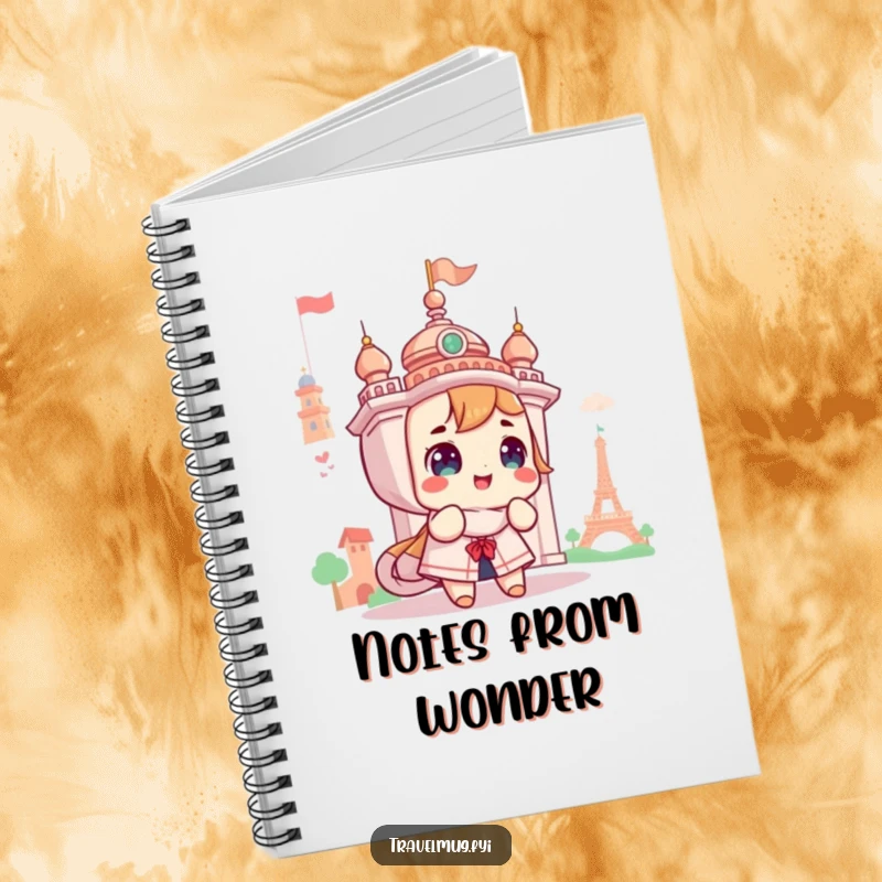 Funny notebook cover with a cute character looking in wonder at a landmark, perfect for journaling travel experiences.