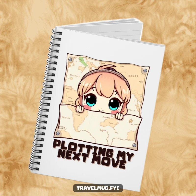 Funny Notebook cover with a character's wide eyes peeking out from behind a giant map, encouraging curious note-taking.