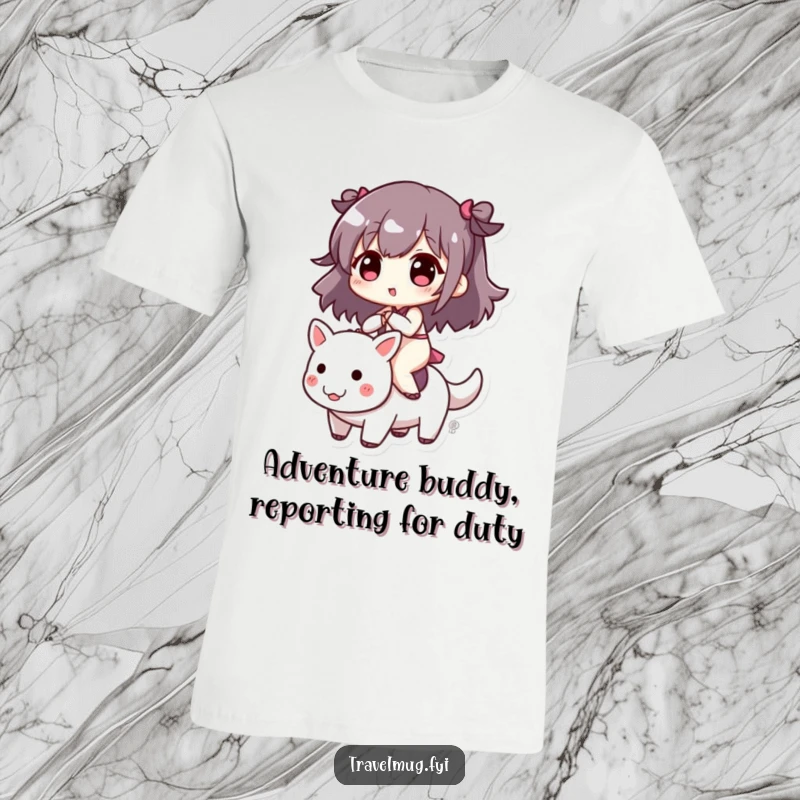 Funny t-shirt graphic of a cute character adventurously riding a small, spirited creature, exuding joy and playful energy.