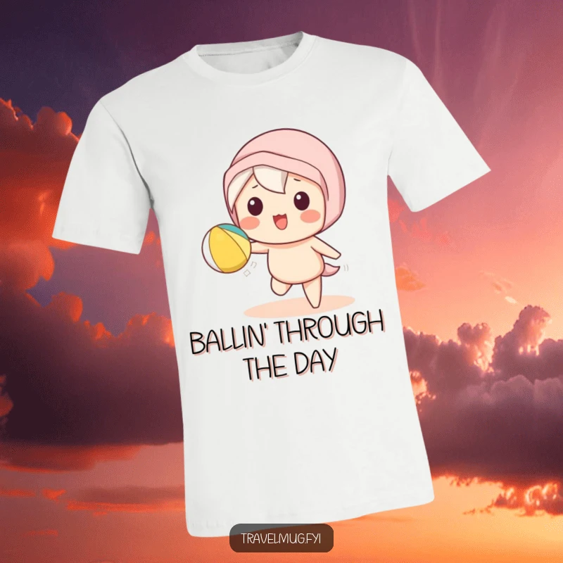 Funny Kawaii character t-shirt depicting a cute character playfully tossing a beach ball, celebrating summer and outdoor activities.