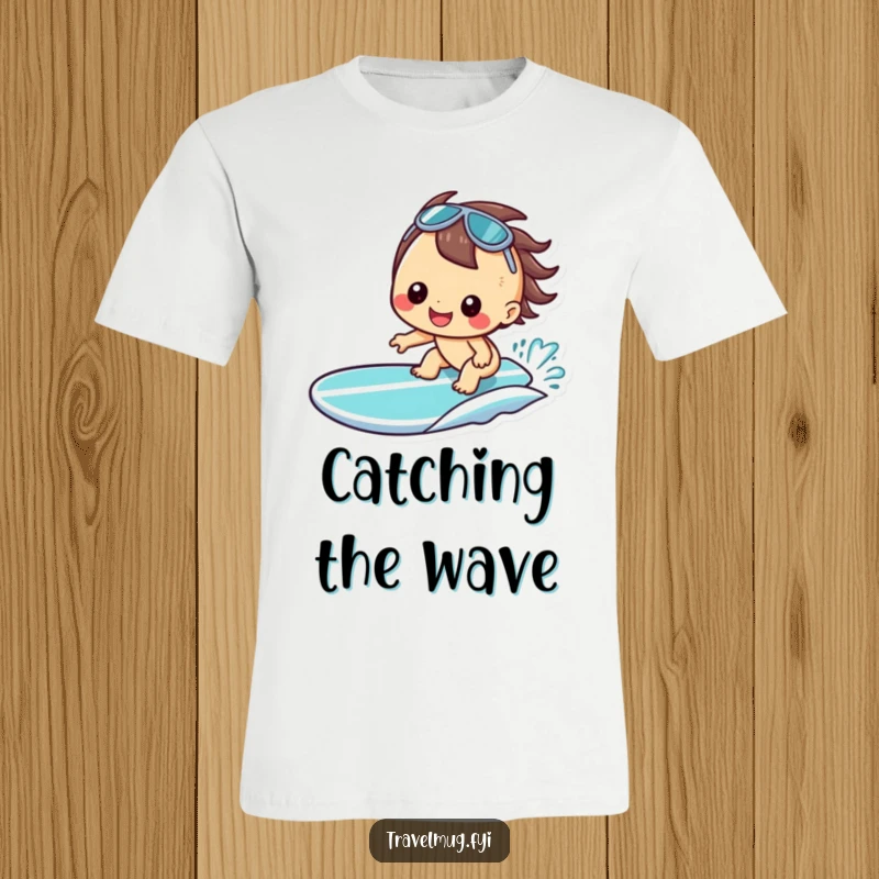 Funny Kawaii T-Shirt, a cheerful character grinning on a surfboard, embodying beach fun and surfing.