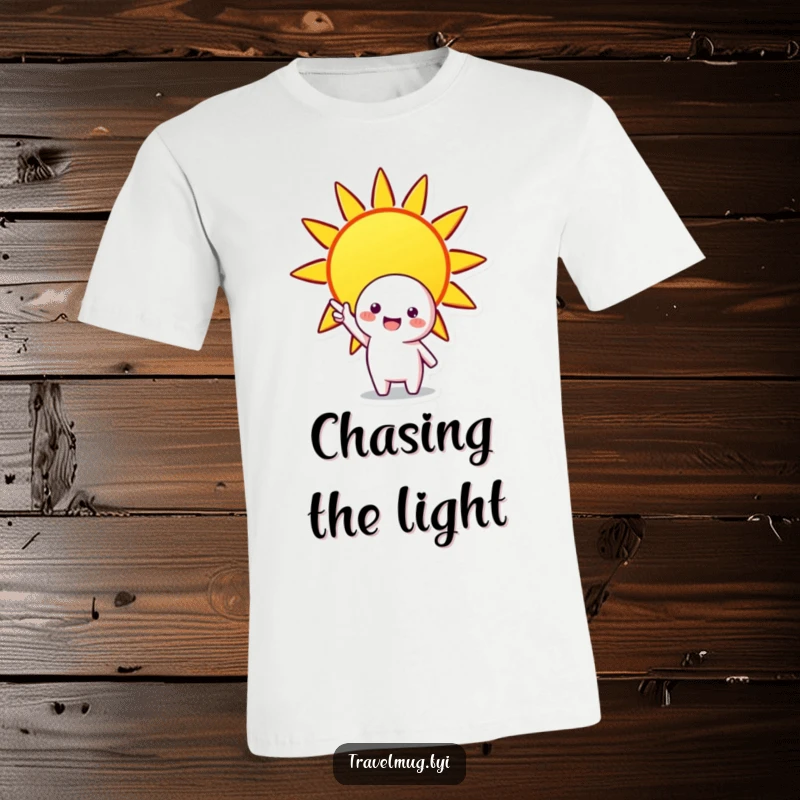 Funny t-shirt featuring a cheerful character pointing towards a bright, stylized sun, promoting happiness and sunny disposition.