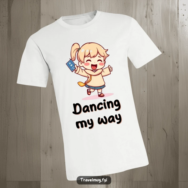 Funny passport dance t-shirt, a character doing a silly happy dance holding a passport, perfect for travel lovers.