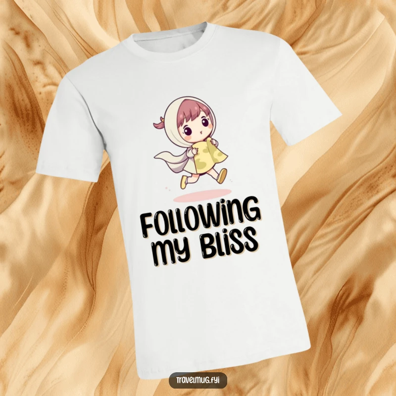 Funny t-shirt graphic of a cute character joyfully skipping with an unfolded map, radiating excitement for discovery.