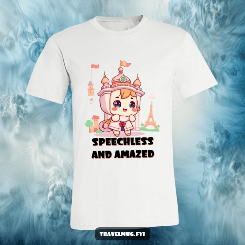 Funny t-shirt graphic of a cute character gazing with wide-eyed wonder at an impressive landmark, embodying travel excitement.