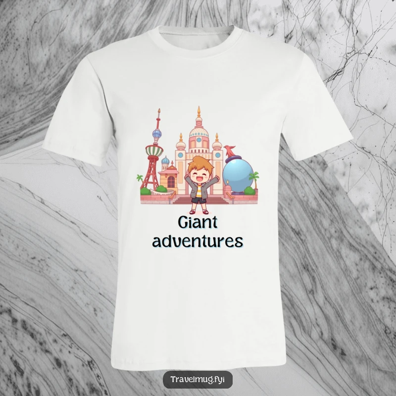 Funny t-shirt featuring a character striking a pose with enthusiasm in front of a landmark made of colossal items.