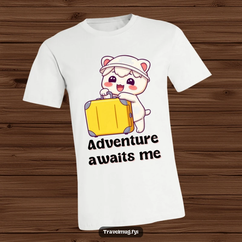 Funny Kawaii T-Shirt, a happy character pointing enthusiastically at a suitcase, signifying travel excitement.