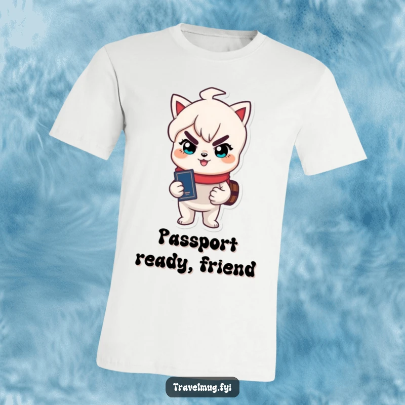 Funny t-shirt showing a cute character with a mischievous smile holding a passport, embodying the thrill of travel.